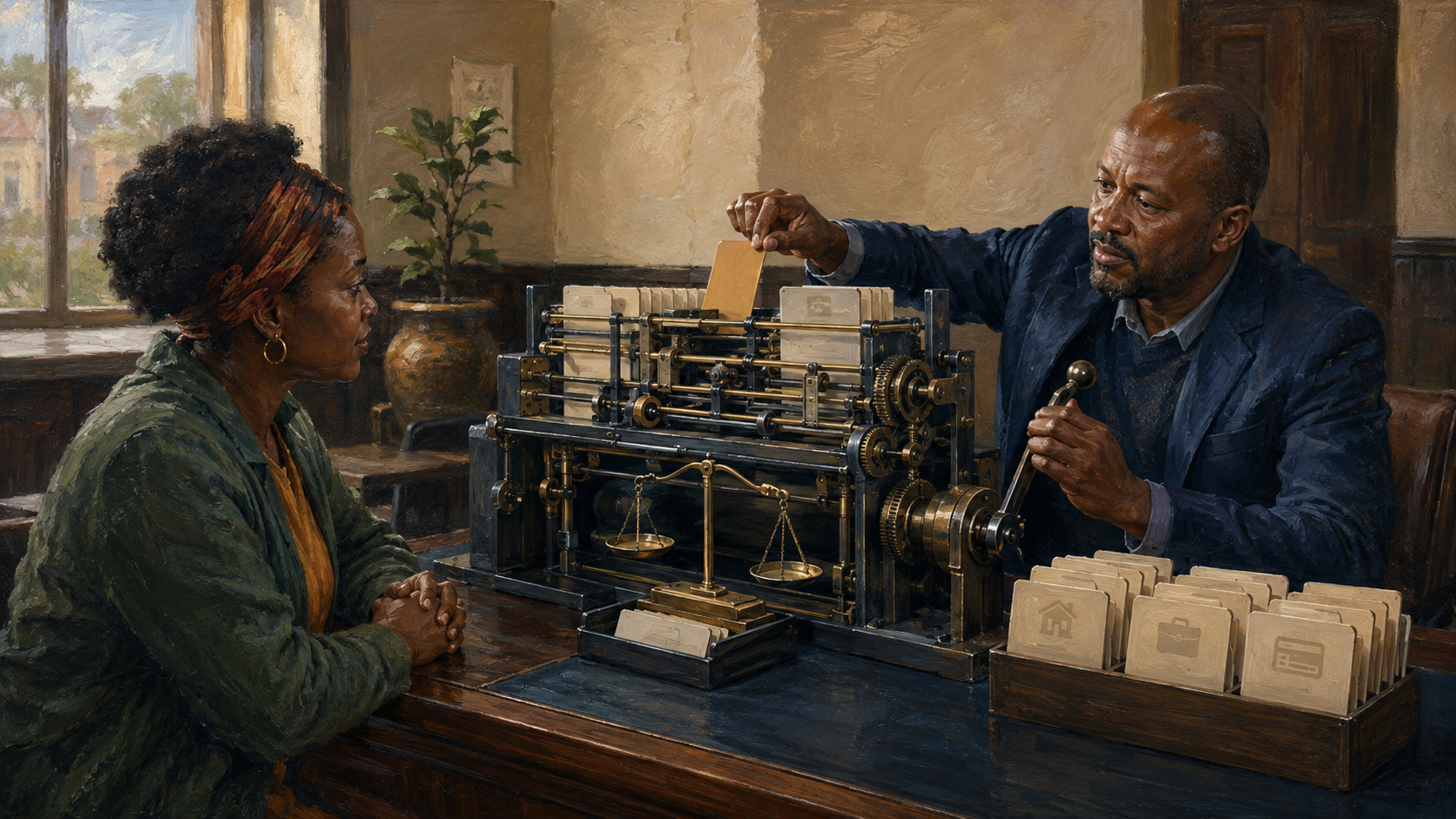 Two South Africans examining an automated decision system represented by machinery, records and scales of justice